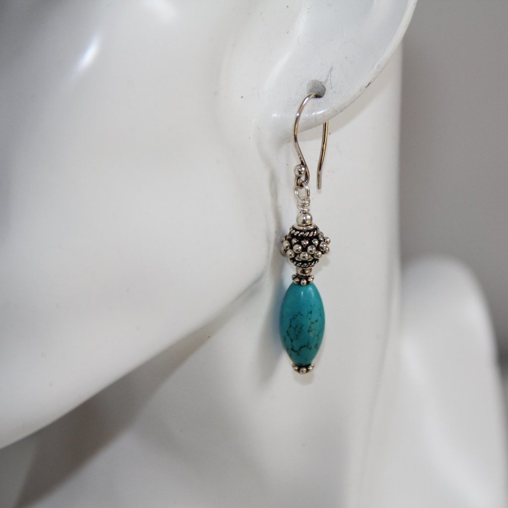 Sterling Silver Howlite Turquoise Bali Style Earrings. Distinctive Bali Style